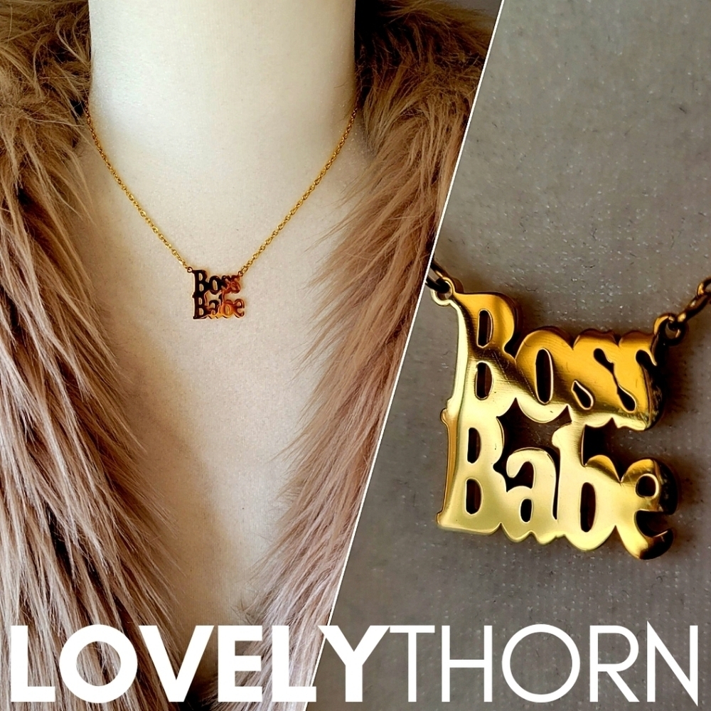 LOVELYTHORN // custom boss babe 18K gold-plated 16" stainless steel nameplate